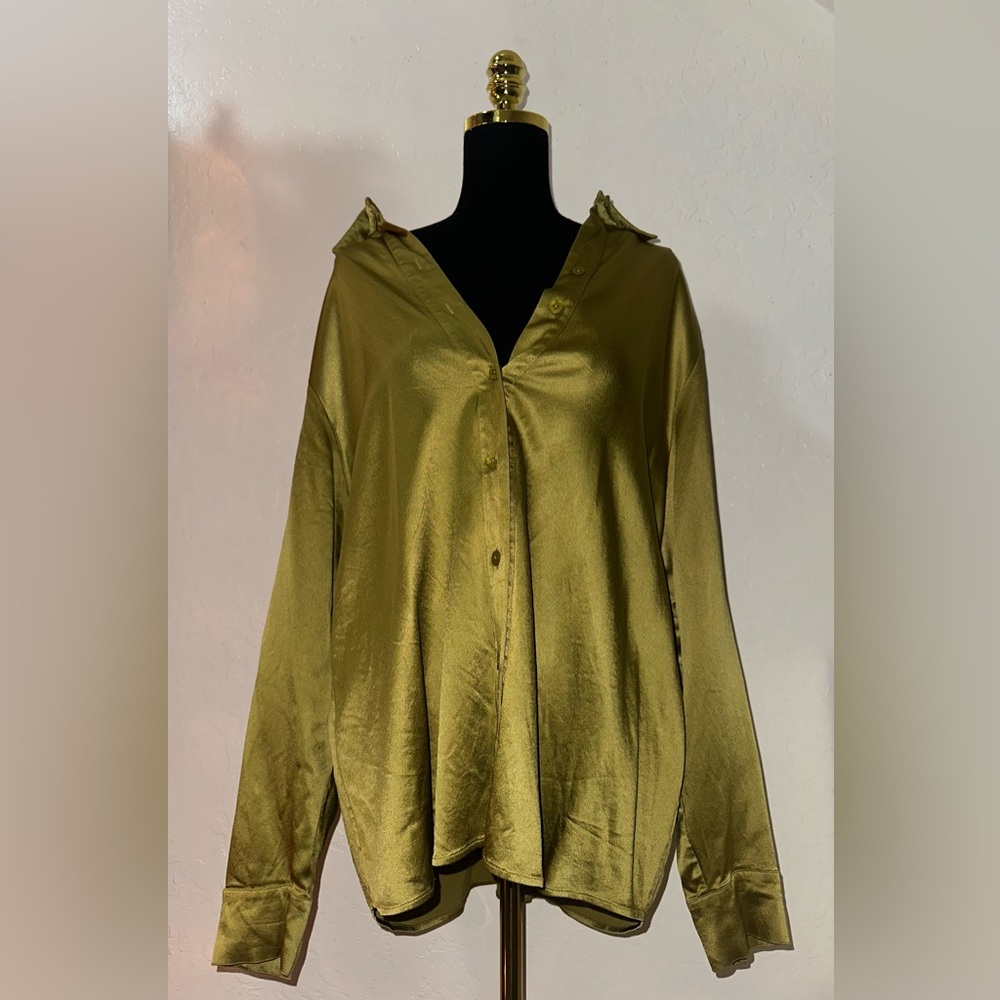 Olive Satin Button-Front Women’s Top